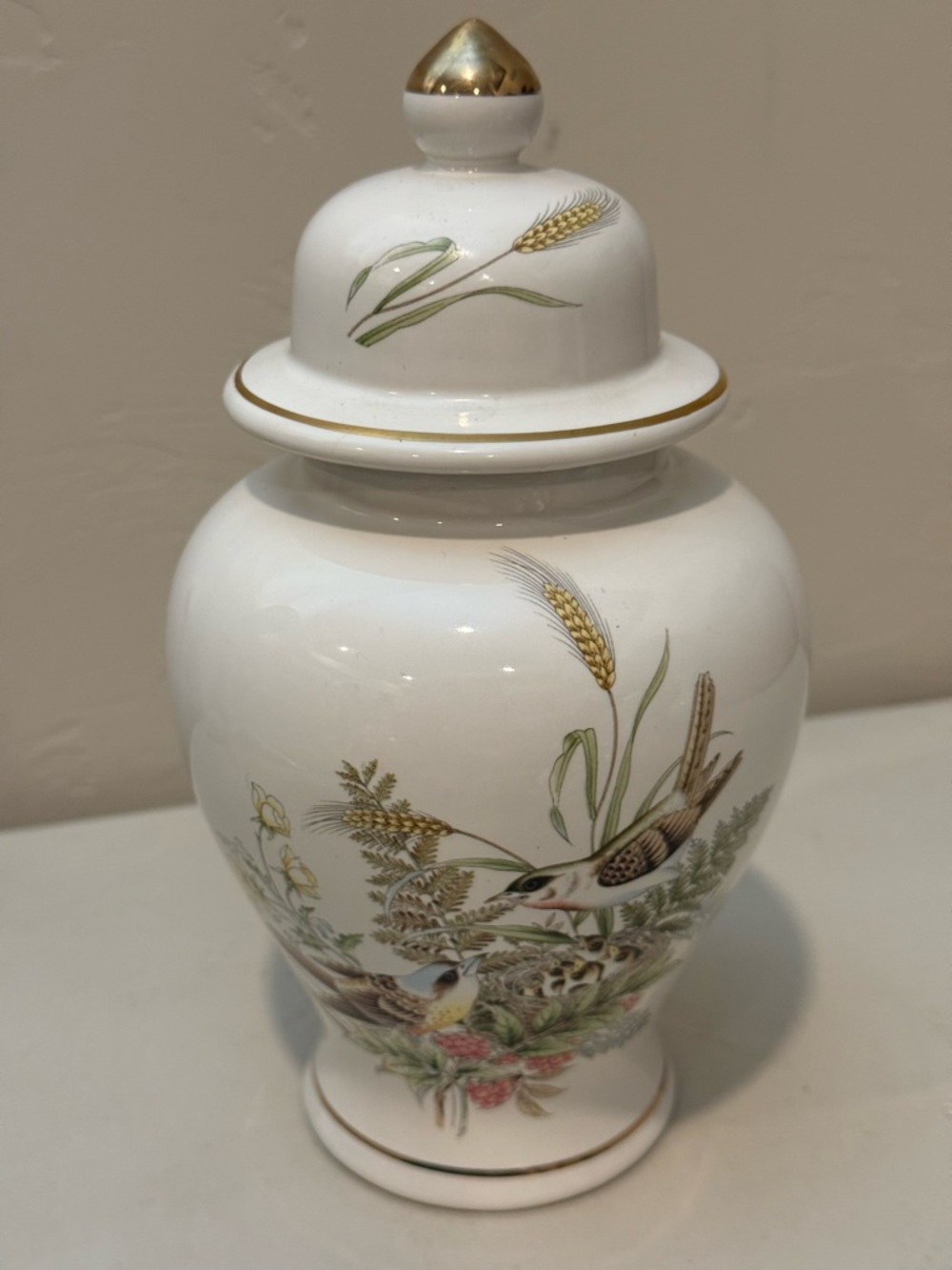 Vintage OMC Japan Ceramic Floral Birds Design Jar w Lid 8”H Gold Rim Accent